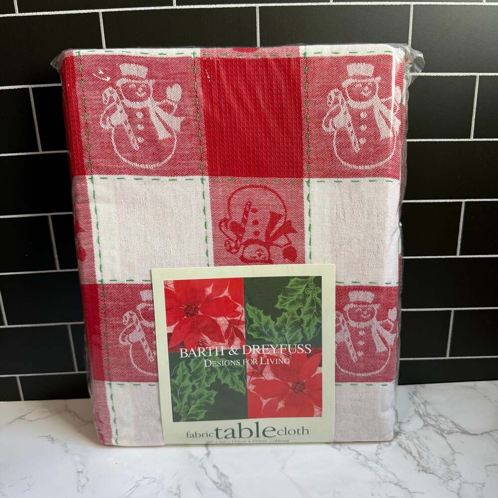 NWT Barth & Dreyfuss Snowman Plaid Cotton Tablecloth 60x84